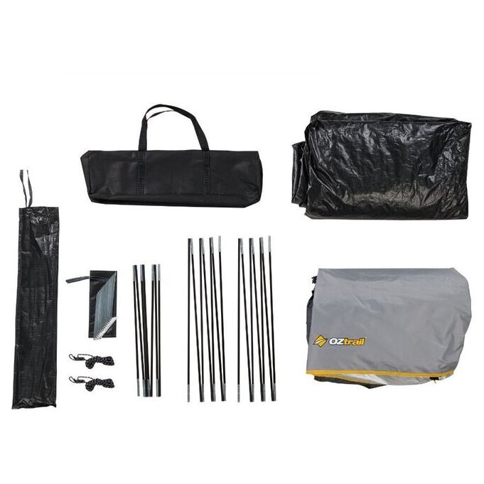 3 ατόμων OZTRAIL Genesis II 3V στημένη σε φυσικό τοπίο, με τέντα ανοιχτή, παράθυρα για αερισμό και πλήρες εξωτερικό κάλυμμα UV προστασίας.